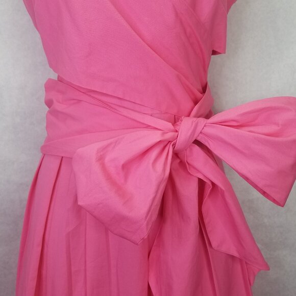 J. Crew Faux Wrap Dress Women's Petite 8 Cotton Poplin Pink Midi Bow Ties NEW - Picture 4 of 14